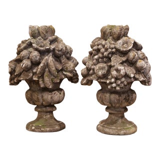 Pair of Vintage French Carved Weathered Outdoor Vases With Fruit Decor For Sale