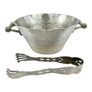 1960's Hand Forged Metal Ice Bucket and Tongs For Sale