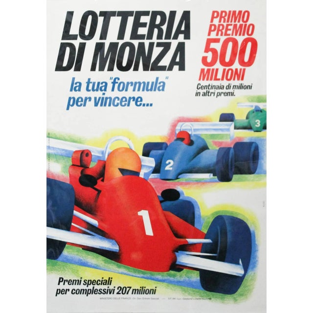Date: 1980s Size: 27.5 x 19 inches About the poster: The "Lotteria di Monza" refers to a lottery associated with the...