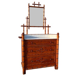 19th Century French Faux Bamboo Chest of Drawers & Mirror, 1890s For Sale