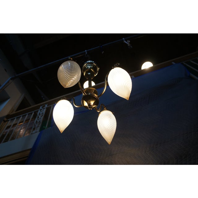 Brass Antique Victorian Hubbell Opalescent Swirl Glass 4 Light Pendant Chandelier 38" For Sale - Image 8 of 14