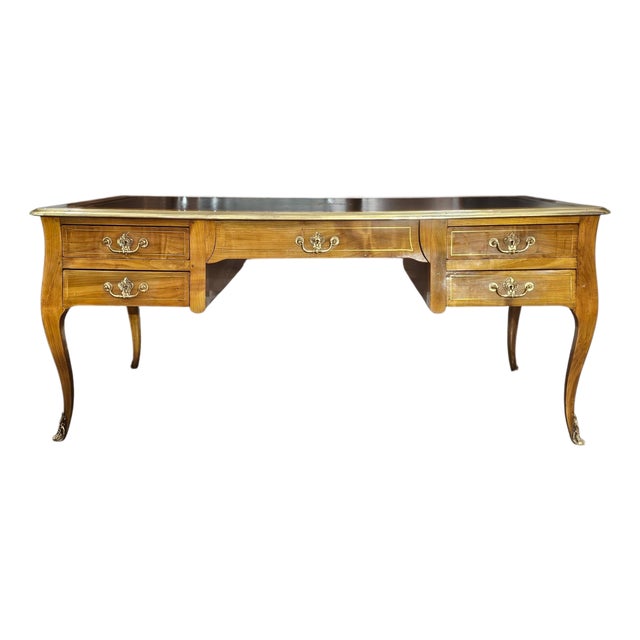 French Louis XV Style Bureau Plat Desk With Leather Top and Brass Edging For Sale