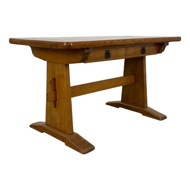 Vintage Oak Writing Desk with Trestle Base, 1940s For Sale