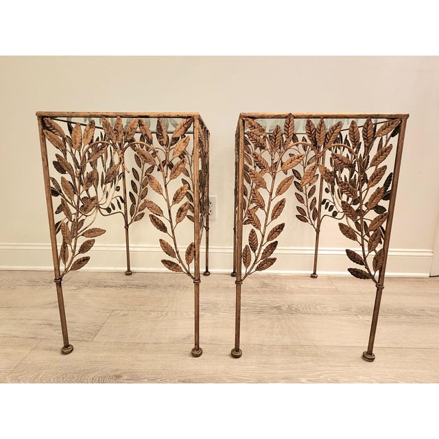 Figurative Vintage French Botanical Sweet and Petite Gilded Tole Glass Top Side Tables-a Pair For Sale - Image 3 of 8