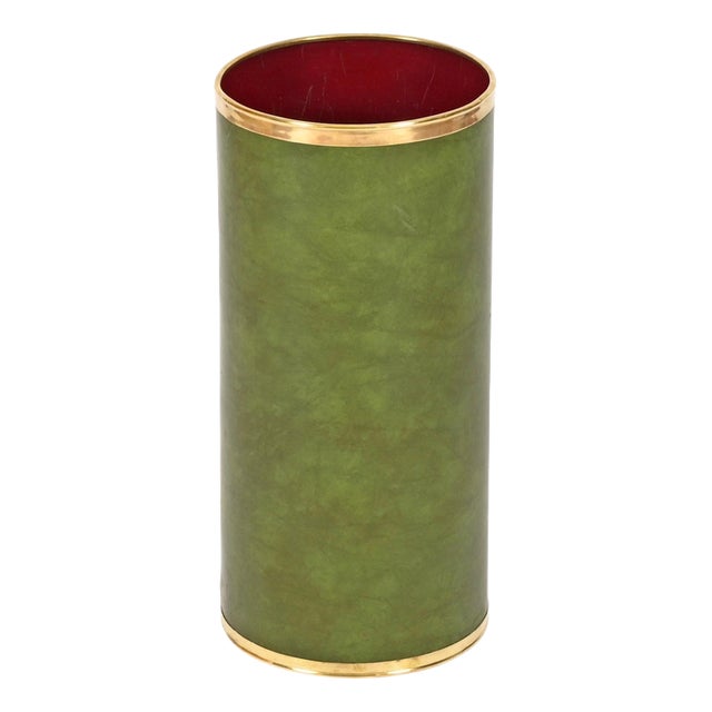 Mid-Century Green Leatherette and Brass Umbrella Stand from Aldo Tura, Italy, 1970s For Sale