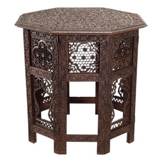 Anglo-Indian Kashmiri Style Carved Wood Octagonal Side Table For Sale