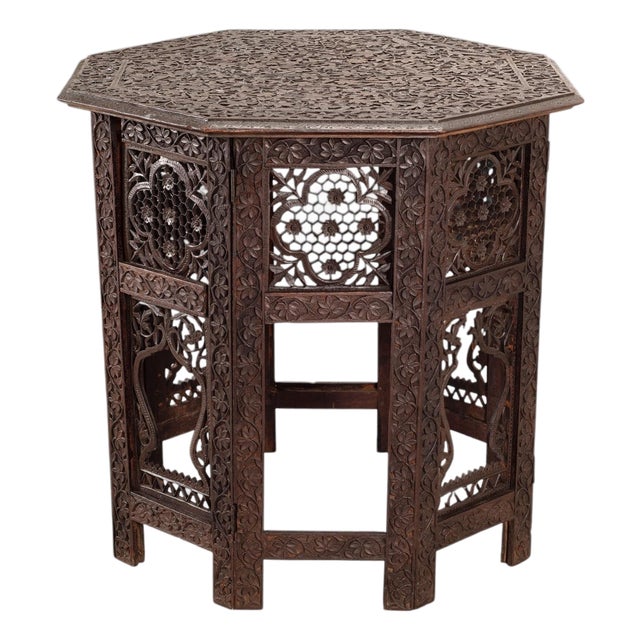 Anglo-Indian Kashmiri Style Carved Wood Octagonal Side Table For Sale