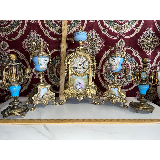 Set of 5, Early 20th Century A Three Piece Clock Garniture Together With a Pair of Three Light Candelabras For Sale - Image 11 of 12
