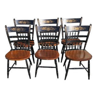 1980s Signed Hitchcock Black Stencilled Chairs- Set of 6 For Sale