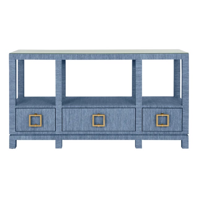 Matthew Izzo Home Campbell Light Blue Grasscloth Two Tier, Three Drawer Console Table With Glass Top and Satin Brass Hardware For Sale