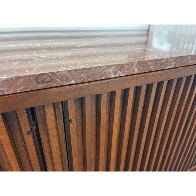 Broyhill Brasilia Fluted Walnut Room Divider / Credenza With Marble Top, Vintage 1960s, McM, Mid Century Modern For Sale - Image 11 of 12