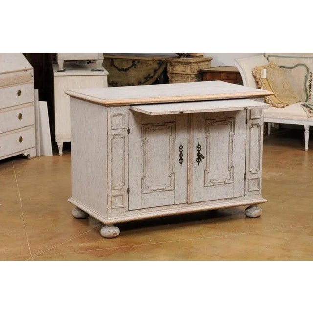 Mid 18th Century 1740s Swedish Baroque Painted Buffet with Carved Doors and Pull Out Drawer For Sale - Image 5 of 13