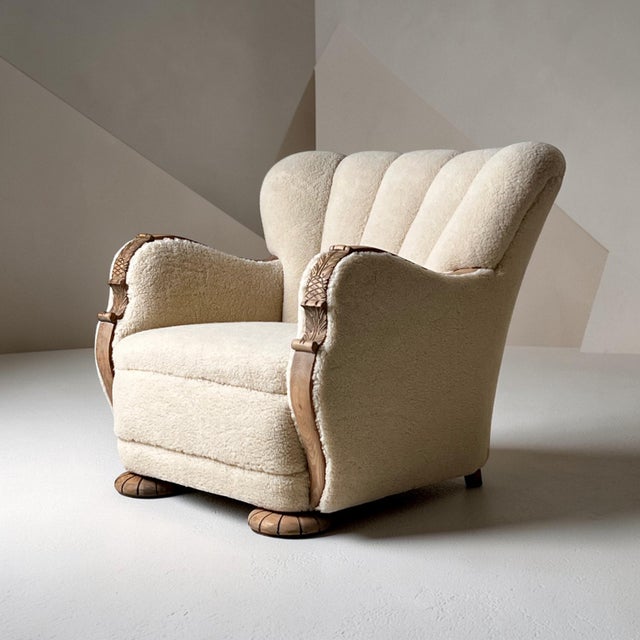 Wood Art Deco Danish Scallop Back Oak and Sherpa Wool Armchairs, 1930s, Set of 2 For Sale - Image 7 of 13