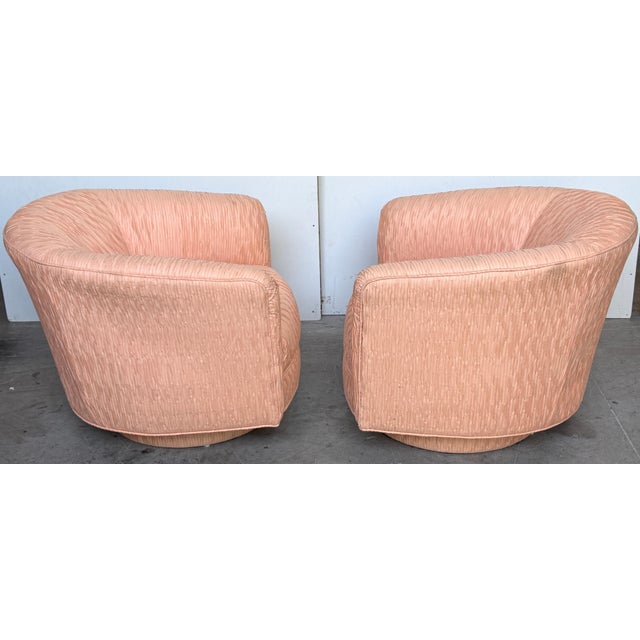 Pair of Diminutive 1970s Pink Silk Channel-Quilted Swivel Club Chairs For Sale - Image 14 of 15
