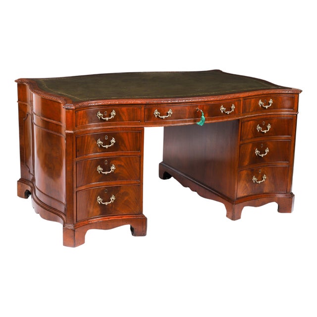 Antique 20th Century Flame Mahogany Serpentine Partners Pedestal Desk, 1890s For Sale