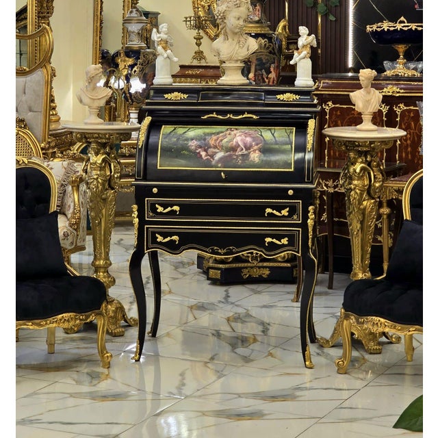French Louis XV Roll Top Secretary Desk With Hand-Painted Mythological Scene, Marquetry Inlay & Bronze Accents For Sale - Image 3 of 3