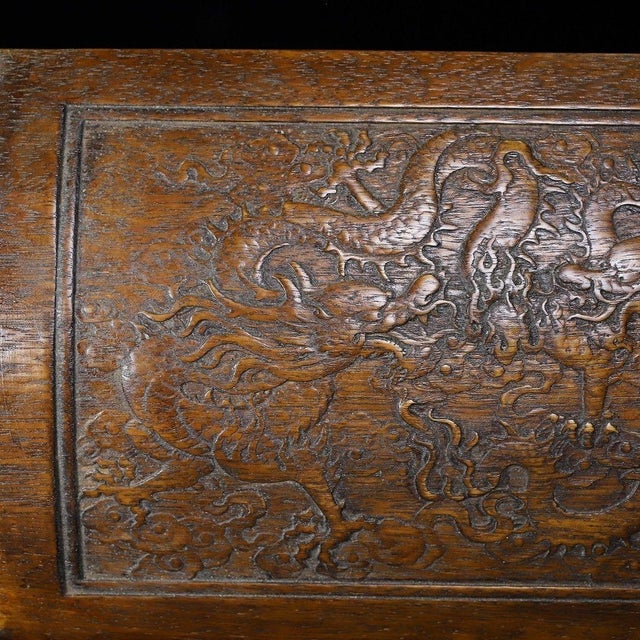Large Hand-Carved Wooden Treasure Chest With Brass Hardware & Dragon Motif For Sale - Image 9 of 9