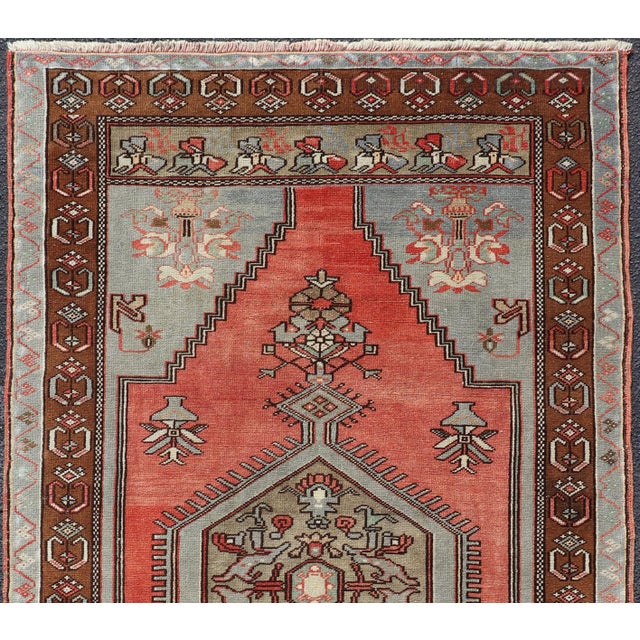 Blue Vintage Turkish Oushak Rug With Coral, Ice Blue, and Soft Mocha Tones 4'1"x7'7" For Sale - Image 8 of 13