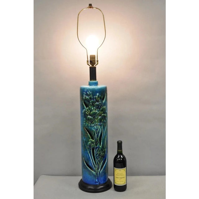 Vintage Mid Century Modern Blue & Green Tall Glazed Ceramic Pottery Floral Table Lamp Attributed to Royal Haeger. Circa...