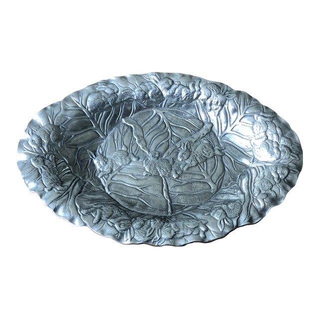 1990s Arthur Court Aluminum Bunny Rabbit & Cabbage Leaf Oval Platter For Sale