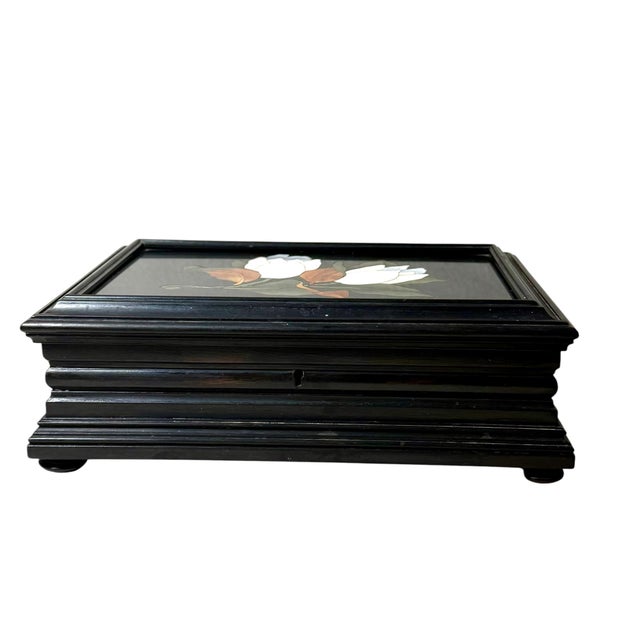 A beautiful late 19th century Italian grand tour box featuring a finely executed pietra dura panel depicting white...