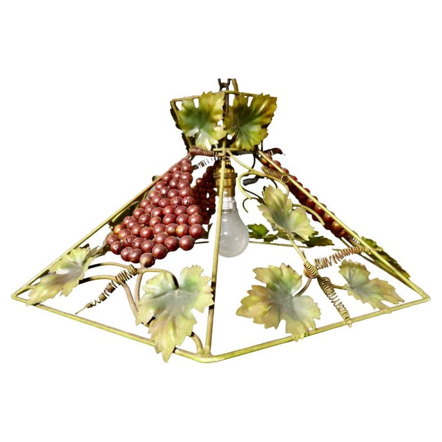 Metal French Toleware Bistro Ceiling Light Decorated with Vines, 1950 For Sale - Image 7 of 7