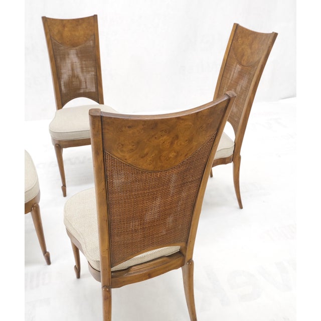 Set 4 Burl Wood Cane Back NEW Upholstery Dining Chairs Mid Century Modern MINT! For Sale - Image 6 of 15