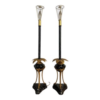 1980s Hollywood Regency Frederick Cooper Faux Portoro Marble & Brass Palm Buffet Lamps - a Pair For Sale
