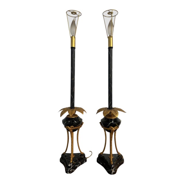 1980s Hollywood Regency Frederick Cooper Faux Portoro Marble & Brass Palm Buffet Lamps - a Pair For Sale