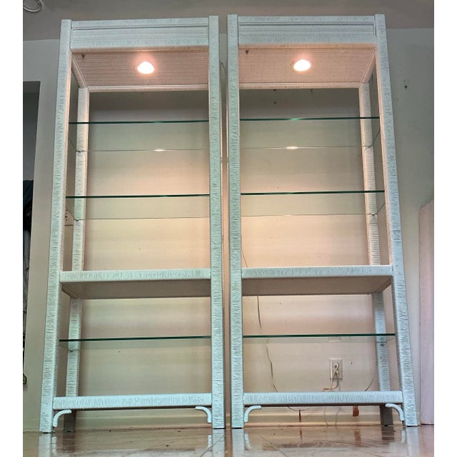 Henry Link 70s Vintage Henry Link White Wicker Lighted Etageres Display Glass Shelves - A Pair For Sale - Image 4 of 12