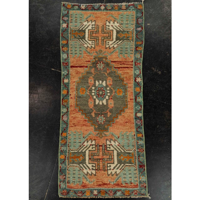 Terra Cotta Turkish Mini Rug Oriental Hand Knotted Vintage Rug 1'4" x 3'2" #21179 For Sale - Image 8 of 8
