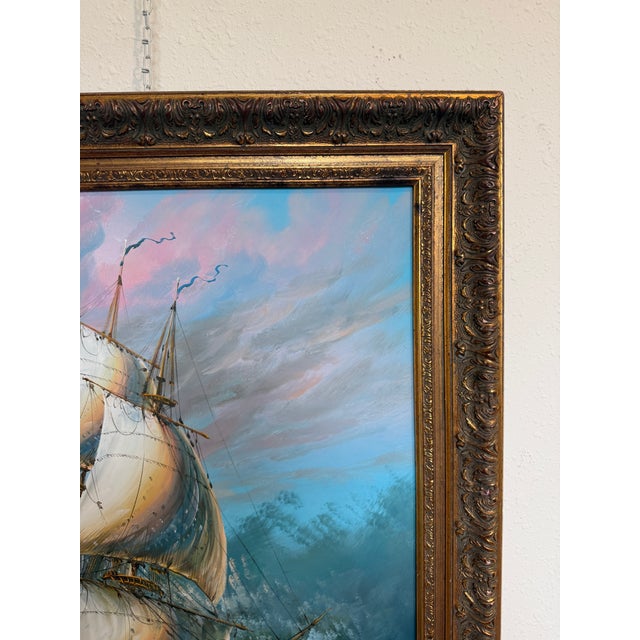 Late 20th Century Original Oil Painting Tall Ship at Sea by J. Harvey Framed Maritime Seascape For Sale In Jacksonville, FL - Image 6 of 9