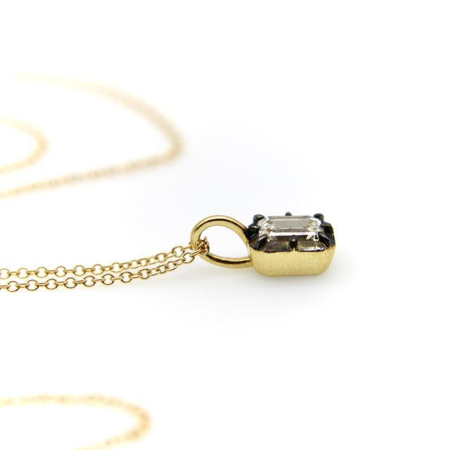 Metal 18k Gold 1/2 Carat Emerald Cut Diamond in Collet Setting With Black Rhodium Necklace For Sale - Image 7 of 12