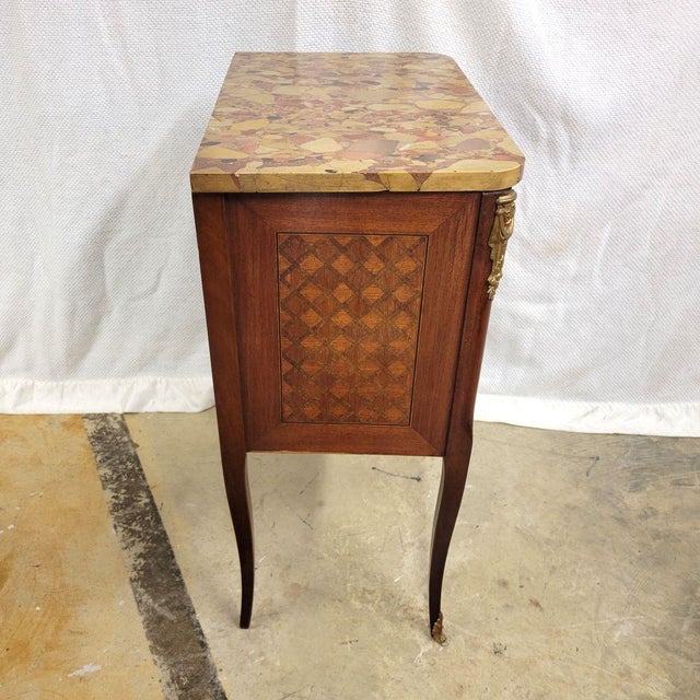 Antique French Louis XV Style Marquetry Side Table Commode Marble Top For Sale - Image 4 of 12