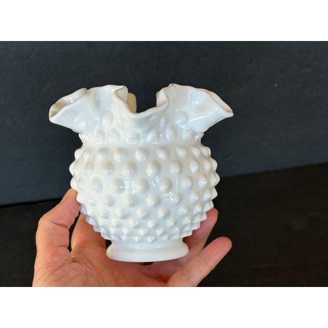 Fenton Style Hobnail Milk Glass Ruffled Rim Vase For Sale - Image 9 of 10