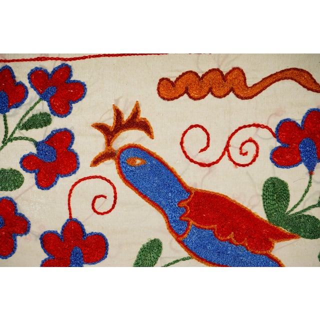 Ecru Floral Suzani Embroidery - Handmade Bird Table Runner and Wall Art 1'5'' X 3'1'' For Sale - Image 8 of 10