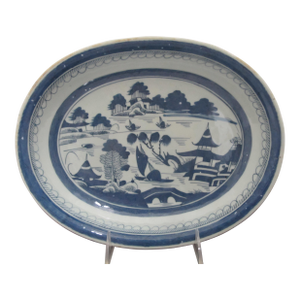 Antique Chinese Canton Blue Porcelain Pavilion Landscape Oval Serving Bowl Plate
