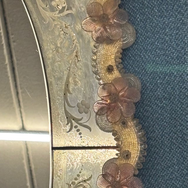 1950s Mid-Century Modern Oval Murano Glass Mirror with Pink Flowers, 1950s For Sale - Image 5 of 11