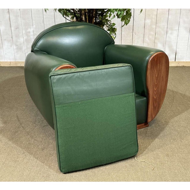 Green Art Deco Style Club Chair in Leather and Beech, 1980s For Sale - Image 8 of 11