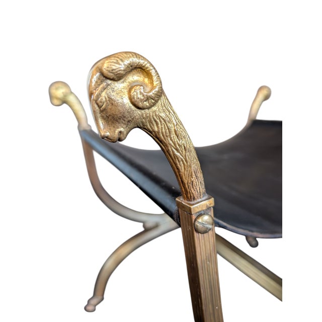1960s Maison Jansen-Style Brass and Leather Stool With Ram's Head Decoration For Sale In Reno/Lake Tahoe - Image 6 of 12