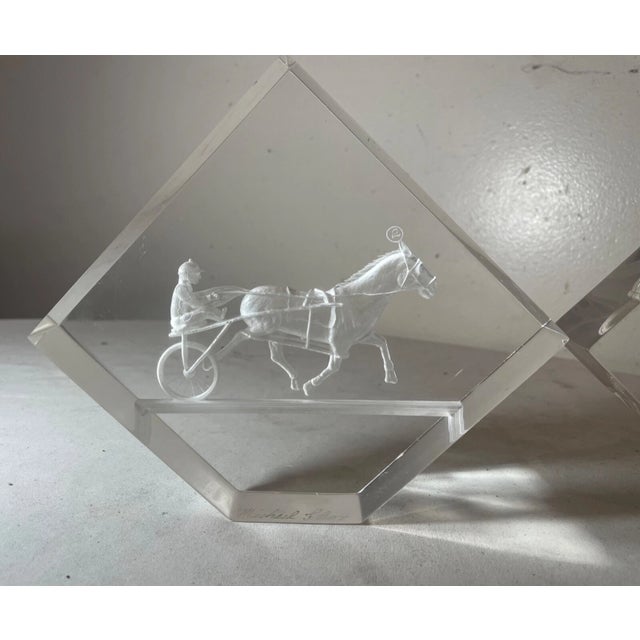 Plastic Pair of 2 Vintage Handmade Carved Etched Lucite Acrylic Harness Jockey Bookends For Sale - Image 7 of 14