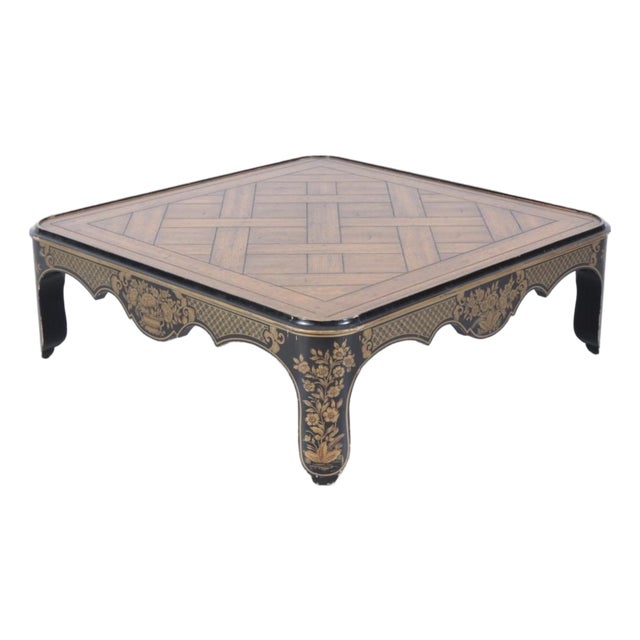 1960s Black and Gold Large Chinoiserie Lacquer and Parquet Oak Cocktail Coffee Table For Sale