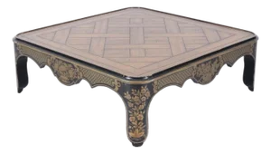 1960s Black and Gold Large Chinoiserie Lacquer and Parquet Oak Cocktail Coffee Table