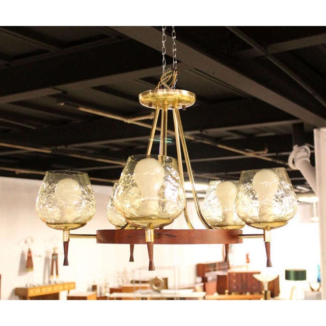 Brass & Walnut Danish Modern Five-Light Champagne Glass Shades Chandelier For Sale - Image 6 of 10