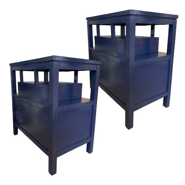Navy Blue Pair of Stanley Furniture Two-Drawer Navy Blue Lacquer Nightstands For Sale - Image 8 of 9