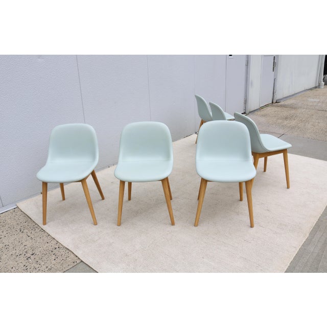 Danish Iskos-Berlin for Muuto Blue Leather Fiber Side Chairs Wood Base, Set of 6 For Sale - Image 12 of 18