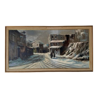 1960s A. Angivoni European Town Winter Landscape Oil on Canvas Painting, Framed For Sale