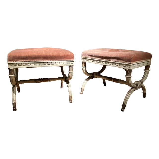 Antique Italian Louis XVI Style Lacquered and Parcel Gilt Stools, 1890s, Set of 2 For Sale