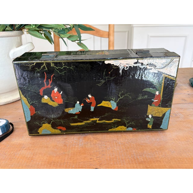 Chinoiserie Antique Chinese Export Black Lacquer Chinoiserie Box, Hand-Painted Figures & Cranes For Sale - Image 3 of 5
