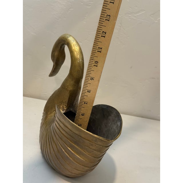 Vintage Solid Brass Large Gold Swan Plant Pot Natural Patina Feathered For Sale - Image 9 of 11